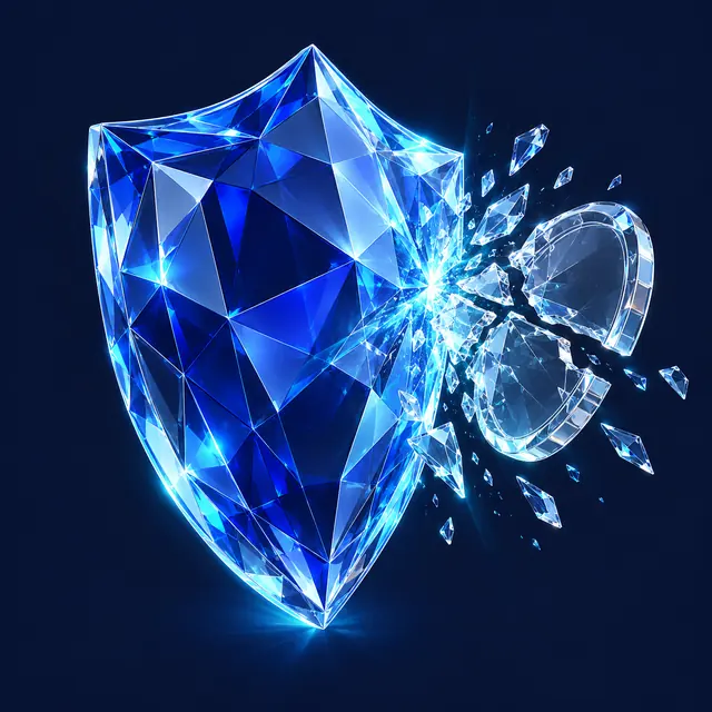 A crystal shield deflecting a cracked blank coin.