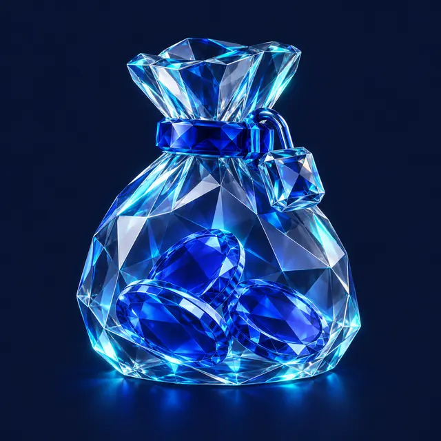 A faceted glass bag sealed with a cobalt lock band.