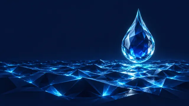 A crystal drop hovering over a faceted cyan ocean.