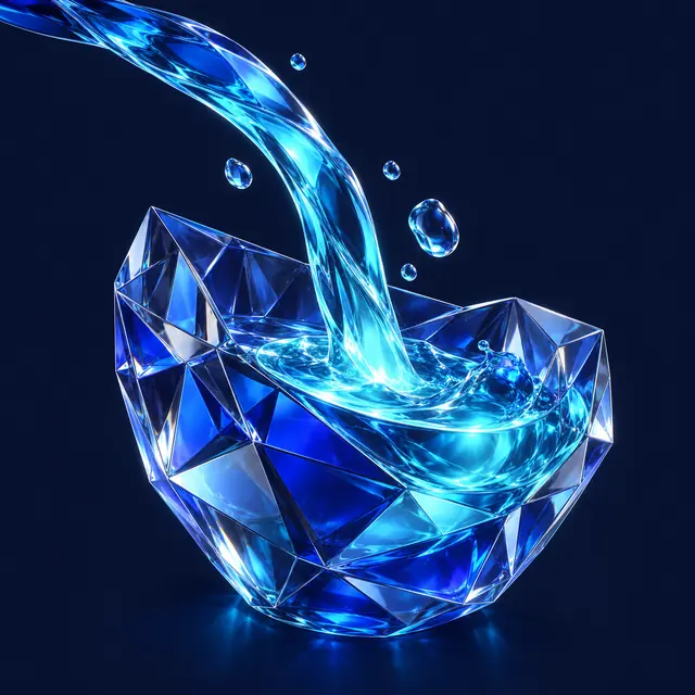 A luminous stream flowing into a faceted glass vessel.
