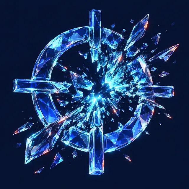 A glass crosshair shattering into crystalline shards.